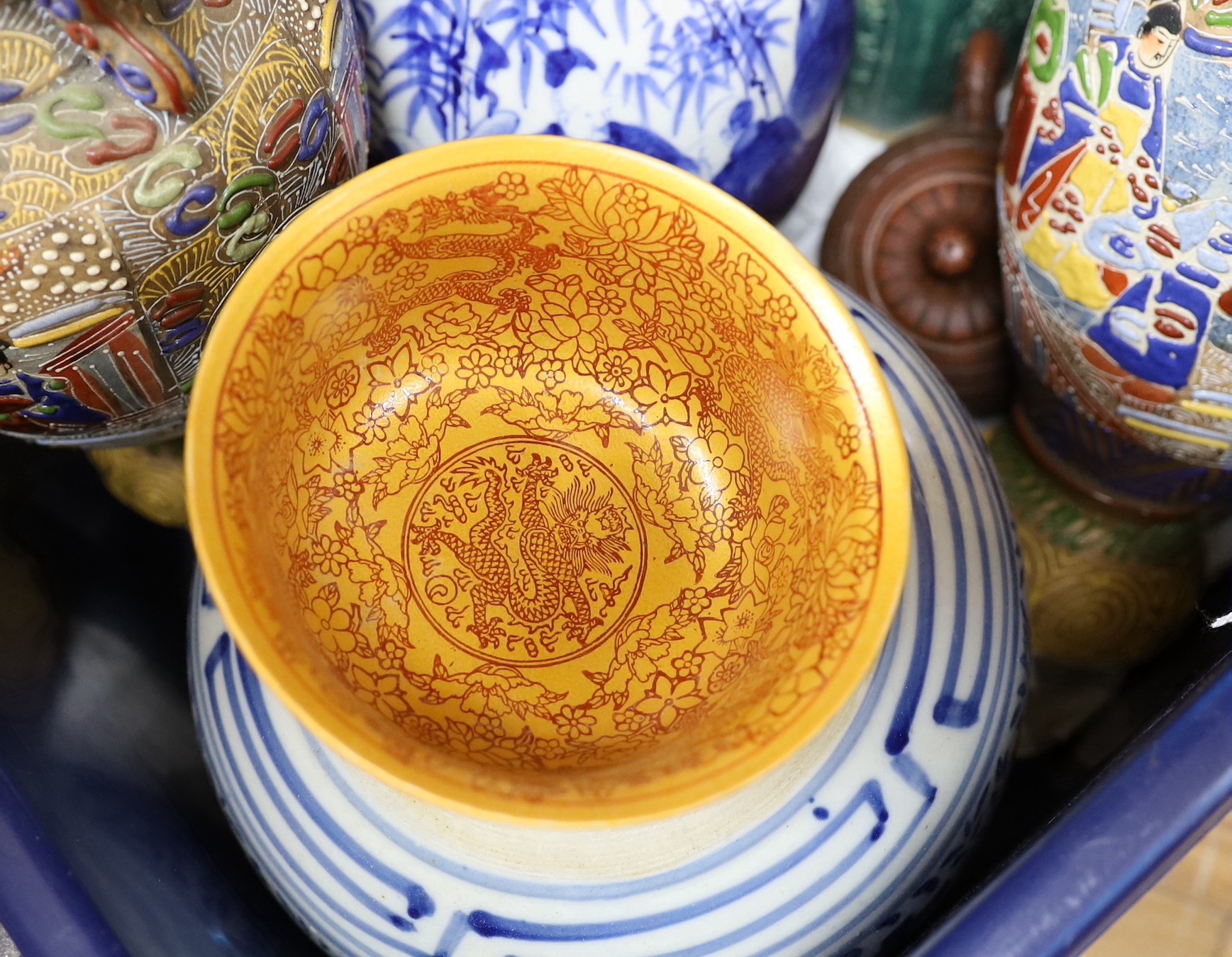 A group of mixed Japanese ceramic vases and a jar